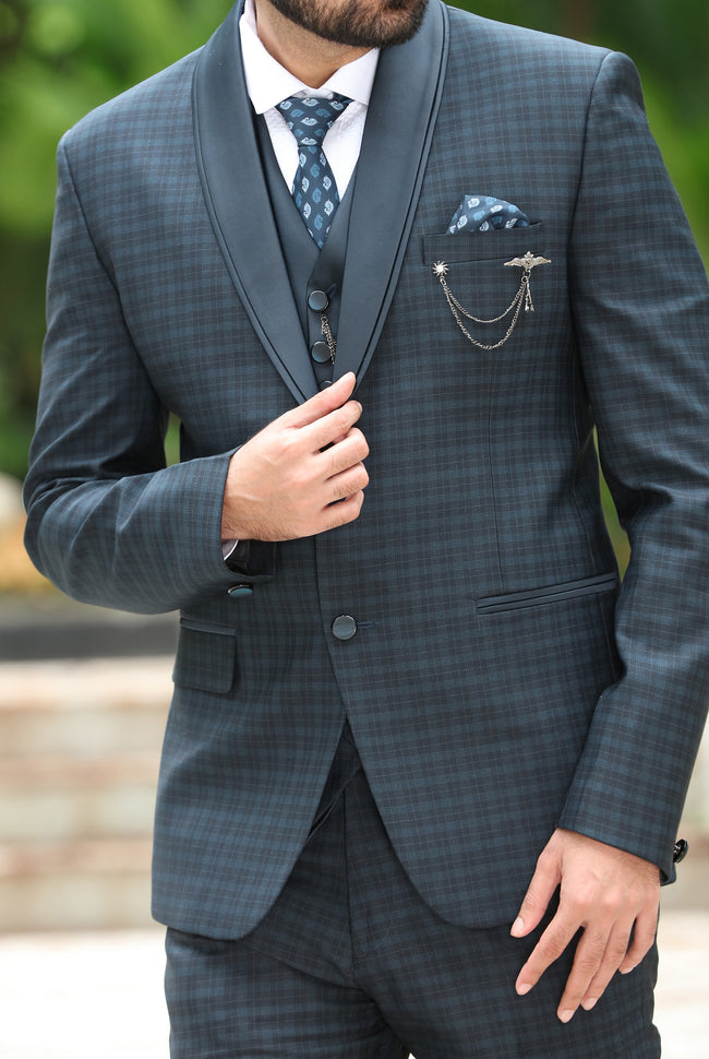Teal 3-piece big checks elegant formal fashion Men suits