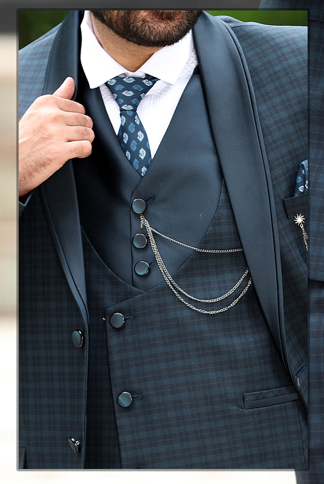 Teal 3-piece big checks elegant formal fashion Men suits