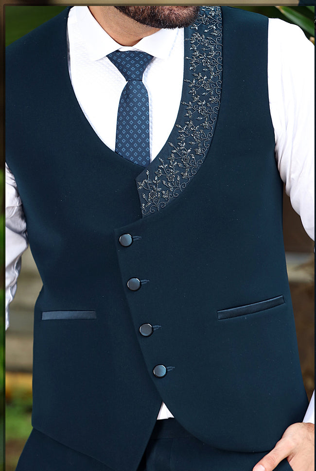 Teal blue 3-piece solid elegant formal fashion Men suits