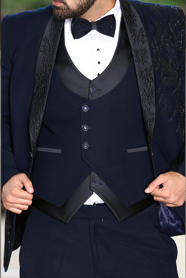 Navy Blue 3-piece embroidery elegant work formal fashion Men suits