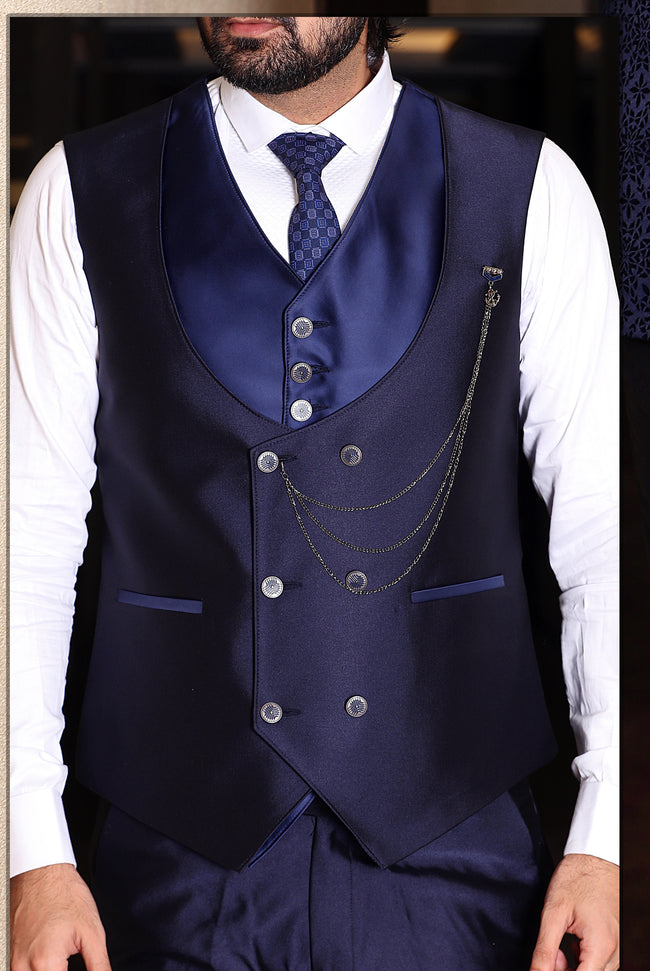 Navy Blue 3-piece with elegant print formal fashion Men suits