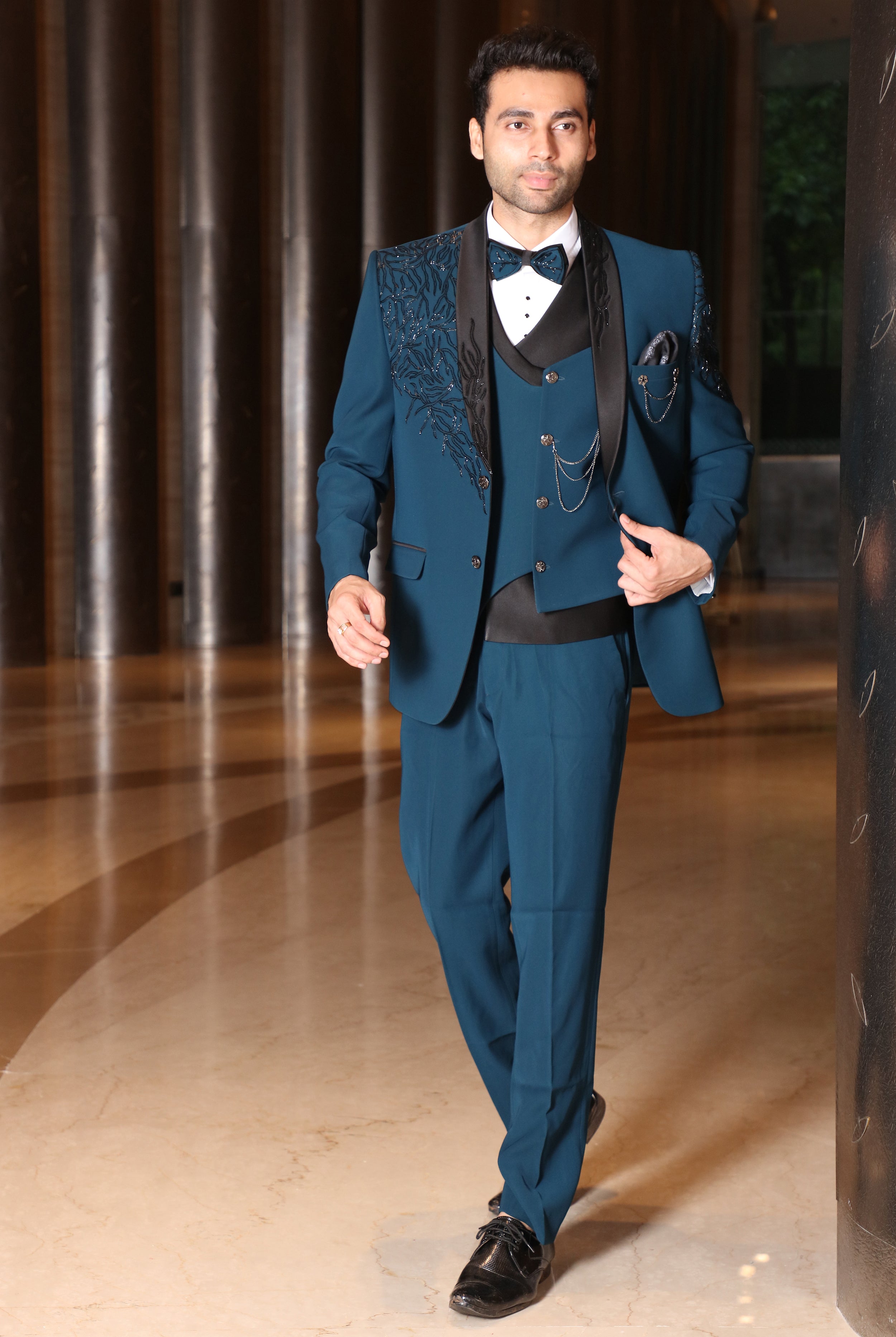 Teal Blue 3-piece embroidered elegant formal fashion Men suits –  paanericlothing