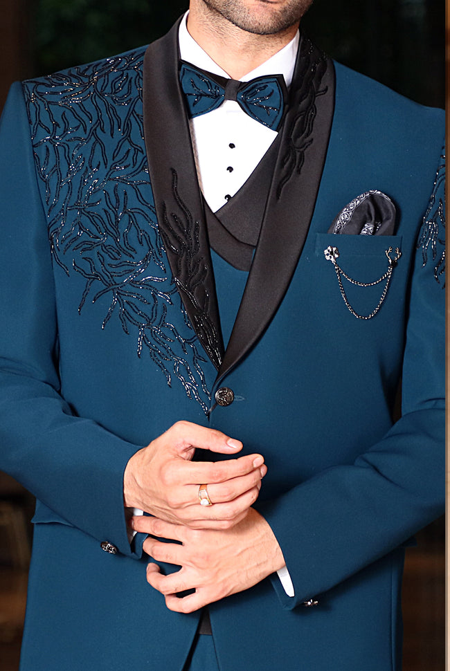 Teal Blue 3-piece embroidered elegant formal fashion Men suits