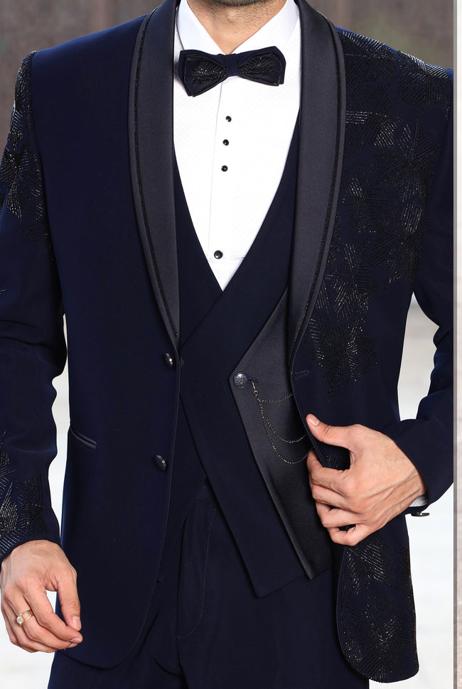 Black 3-piece big embroidered elegant formal fashion Men suits