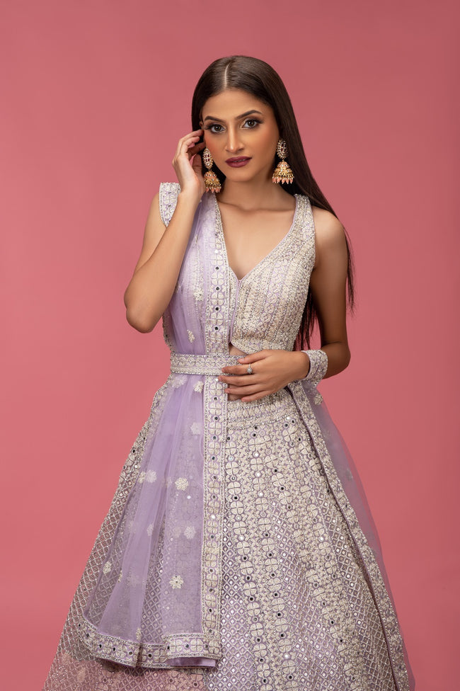 Lavender Bridal Lehenga In Raw Silk With Sequins Embroidered
