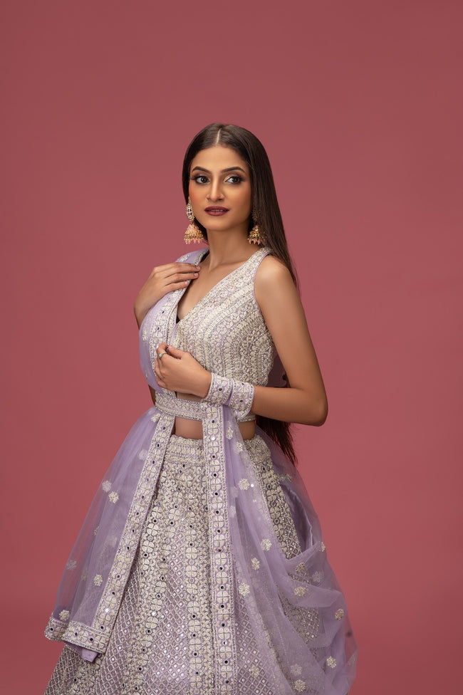 Lavender Bridal Lehenga In Raw Silk With Sequins Embroidered