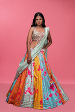 Aqua Mirror Work Embroidered Silk Lehenga