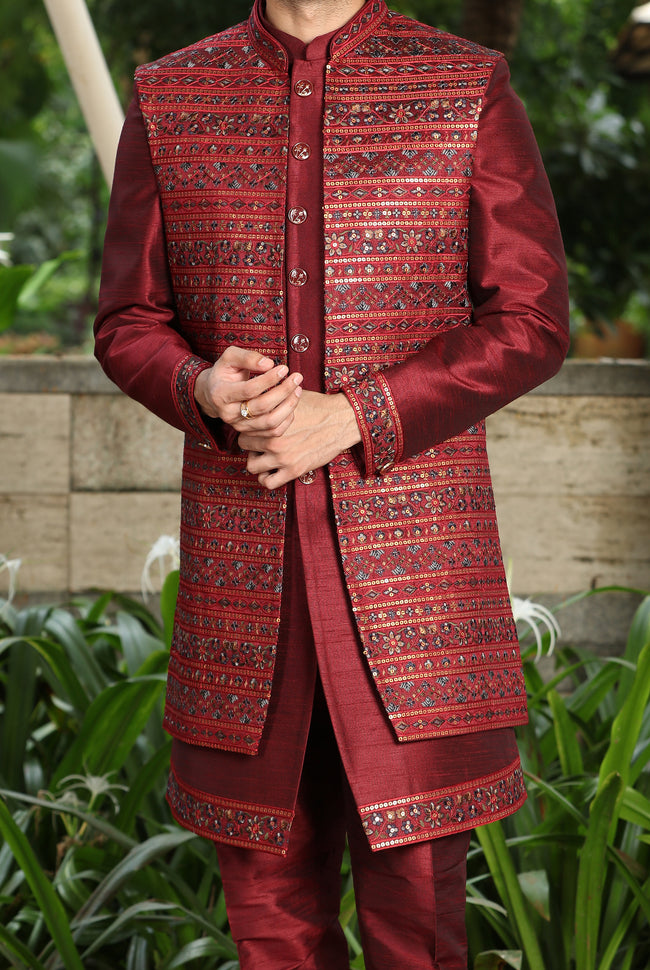 Maroon Red silk indowestern for wedding