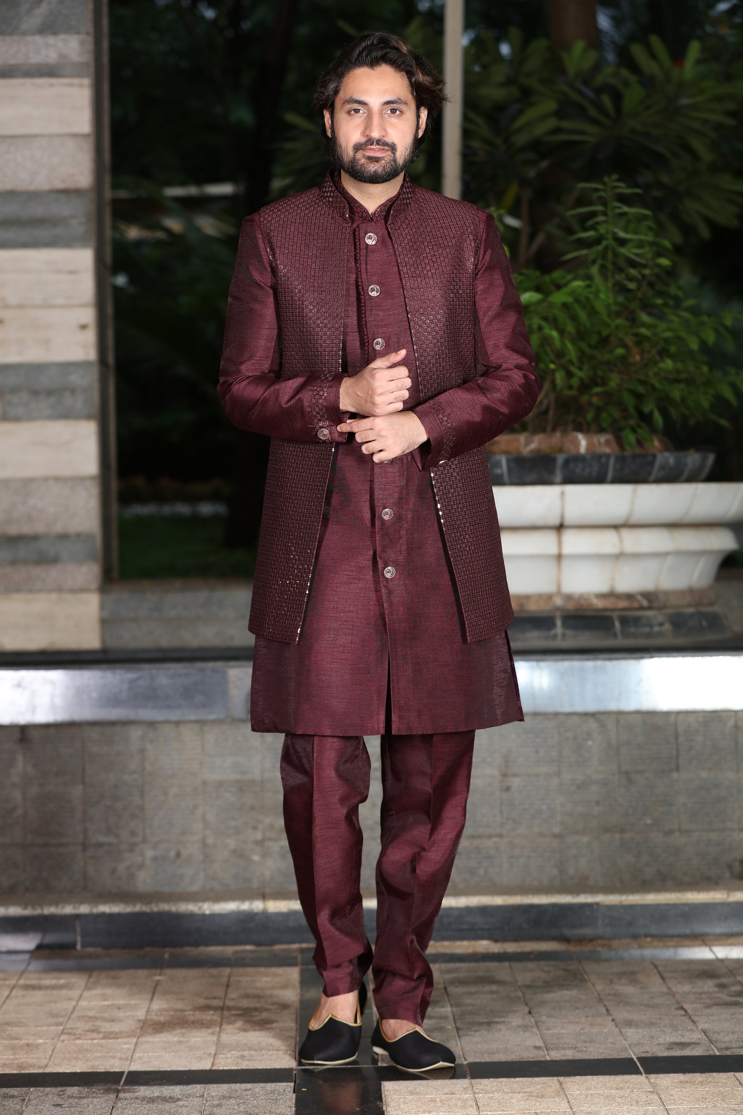 Maroon Kurta Silk Payjama | Silk bottoms, Jacquard jacket, Maroon