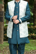 Teal kurta jacket set for Men