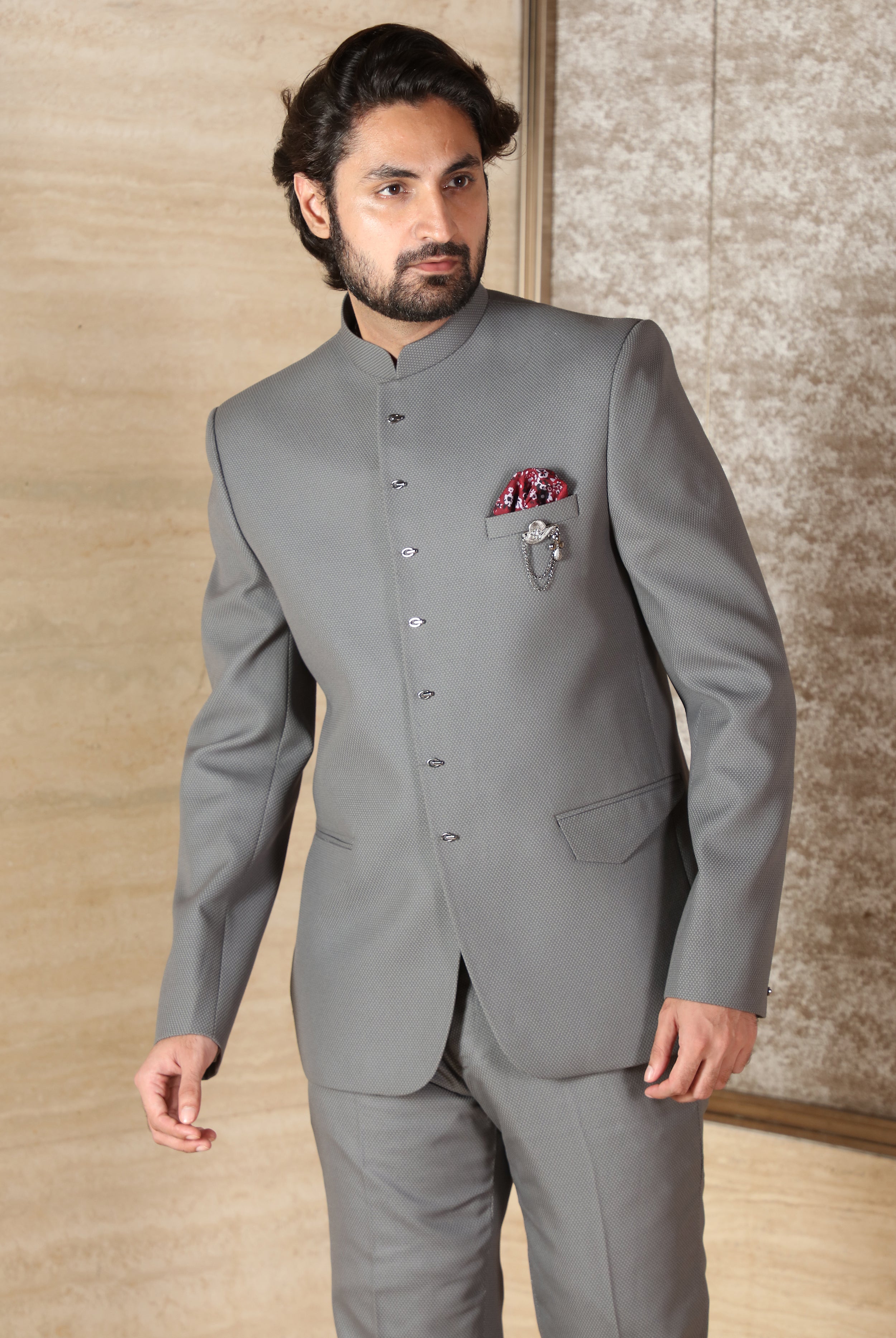 Merino Cream Geometric Thread And Sequin Embroidered Textured Premium  Polyester Bandhgala/Jodhpuri Blazers for Men.