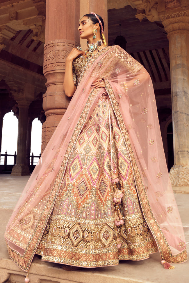 Baby Pink Bridal Lehenga In Raw Silk Embroidered