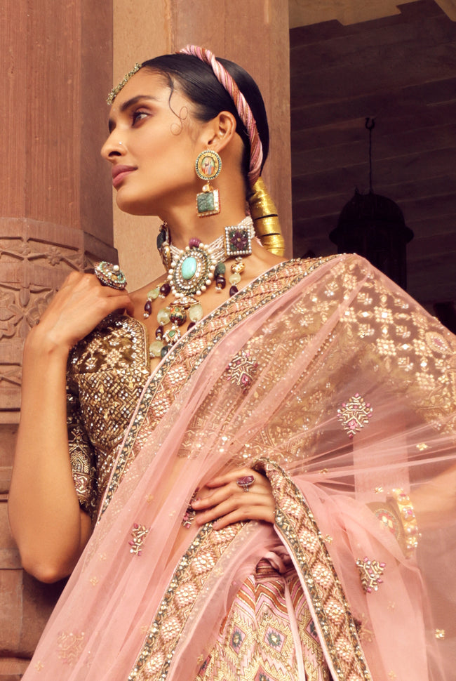 Baby Pink Bridal Lehenga In Raw Silk Embroidered