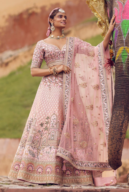 Pearl White Embroidered Bridal Lehenga In Raw Silk