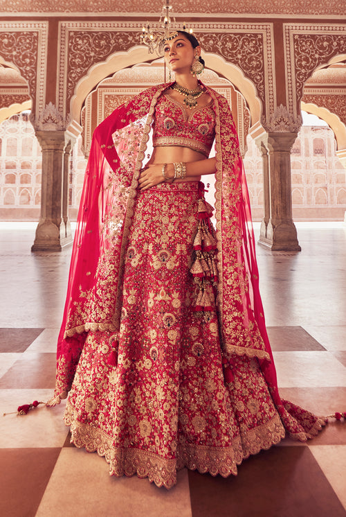 Red Sequin Embroidered Silk Bridal Lehenga