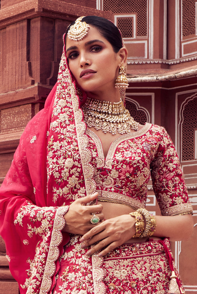 Scarlet Red Bridal Lehenga In Raw Silk With Embroidered Floral