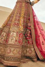 Pearl Cream With Red Embroidered Bridal Lehenga In Raw Silk Heavy Embroidery