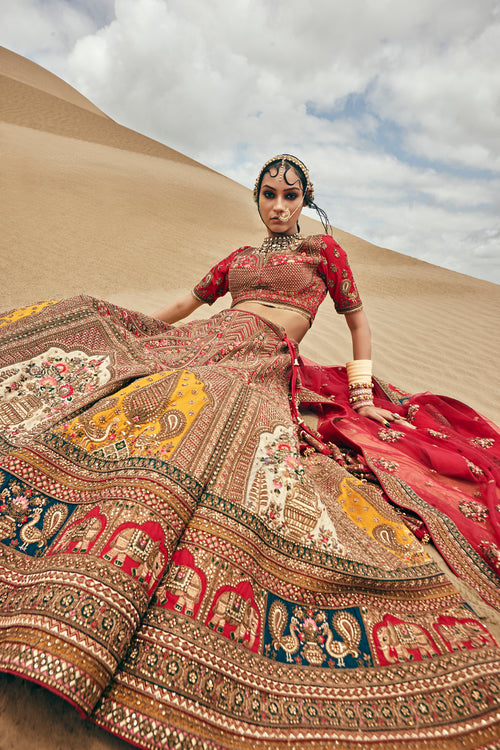 Lvory Lehenga Set With Red Border In Zari Embroidered