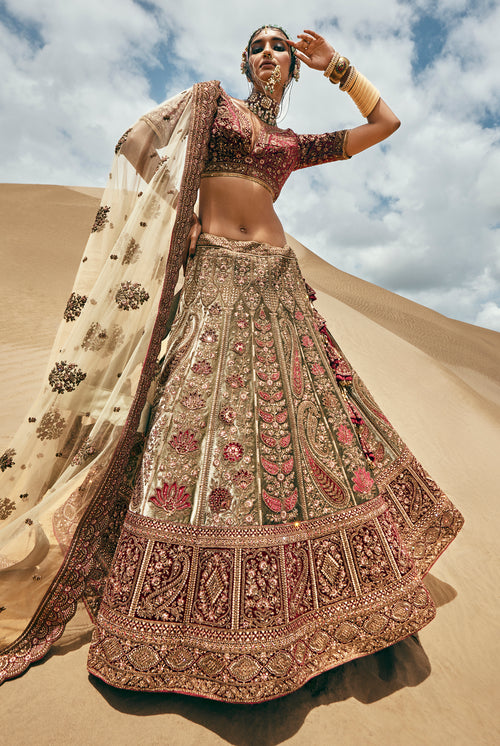 Off White With Maroon Bridal Embroidered Lehenga In Raw Silk With Floral Embroidery