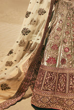 Off White With Maroon Bridal Embroidered Lehenga In Raw Silk With Floral Embroidery