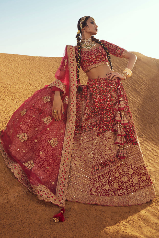 Turkey Red Bridal Lehenga With Floral Embroidery