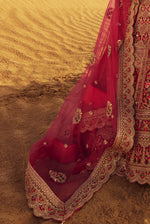 Carmine Red Bridal Lehenga In Raw Silk With Zari Embroidered