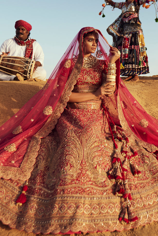 Bride And Baraat Cherry Red Fully Embroidered Bridal Lehenga