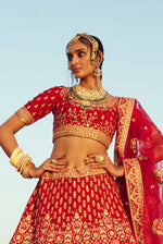 Fiery Red With Golden Bridal Lehenga In Raw Silk With Hand Embroidery