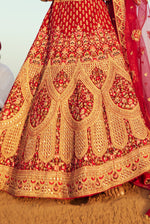 Fiery Red With Golden Bridal Lehenga In Raw Silk With Hand Embroidery