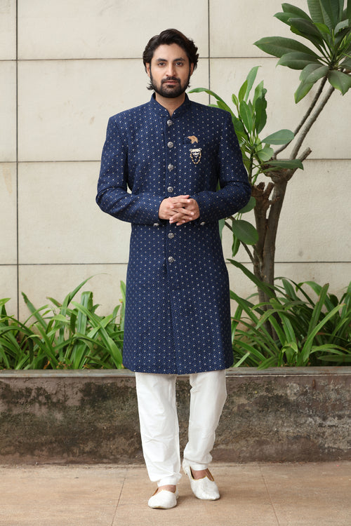 Navy Blue Semi-Indowestern for Men