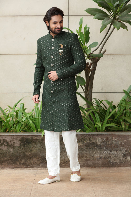 Olive Green Semi-Indowestern for Men