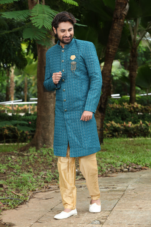 Teal Semi-Indowestern for Men